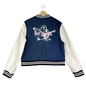 True Religion Guitar Buddha Varsity Jacket Women Large Denim White Retro Y2K NEW